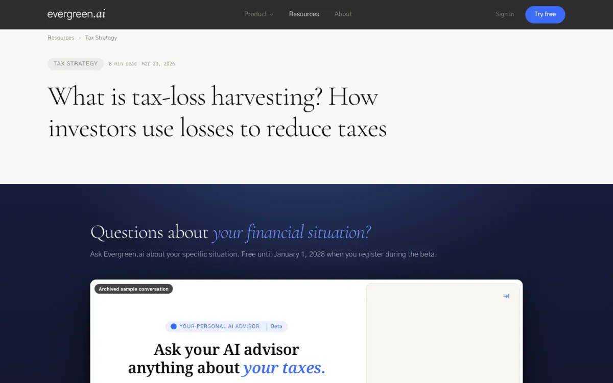 A library article on tax-loss harvesting, with the AI advisor embedded below the headline