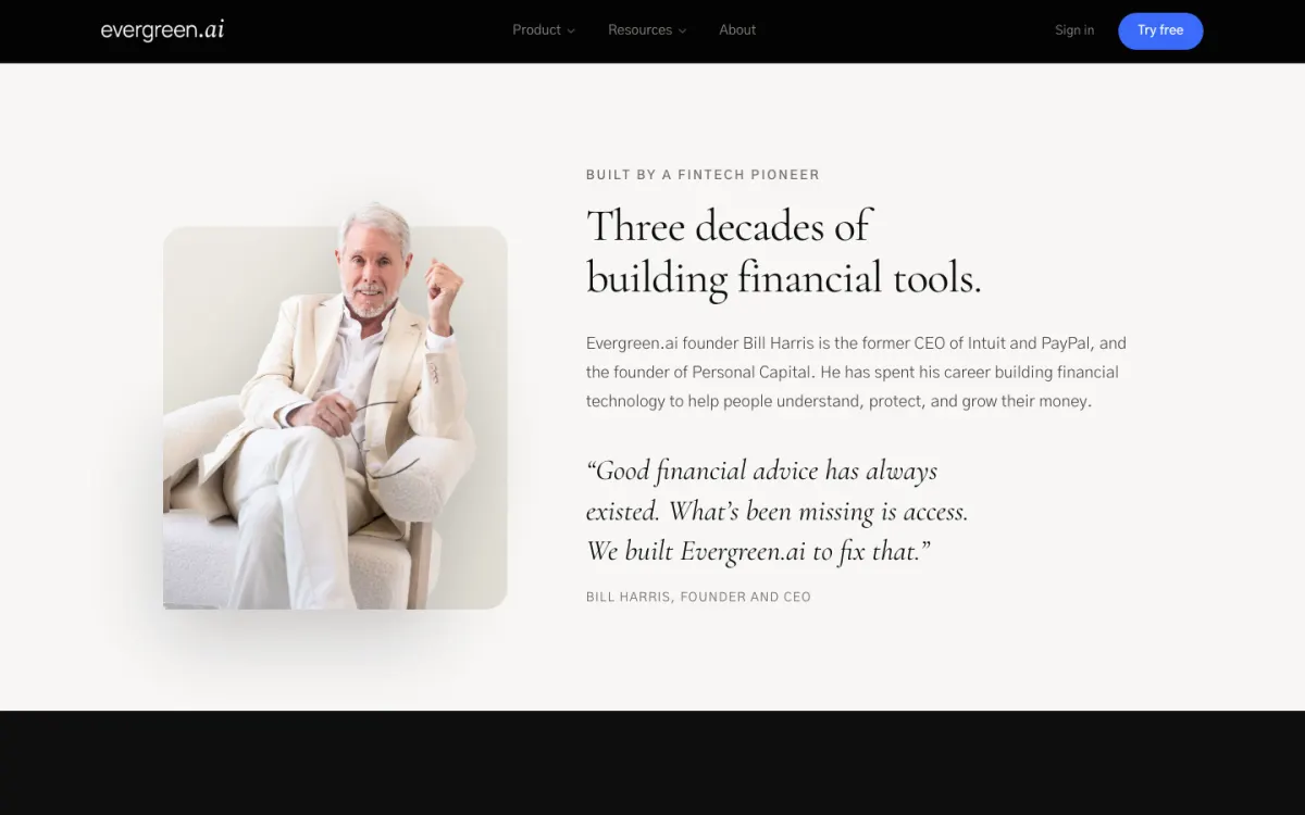 The homepage founder section: Three decades of building financial tools, with a portrait and quote from the CEO and founder