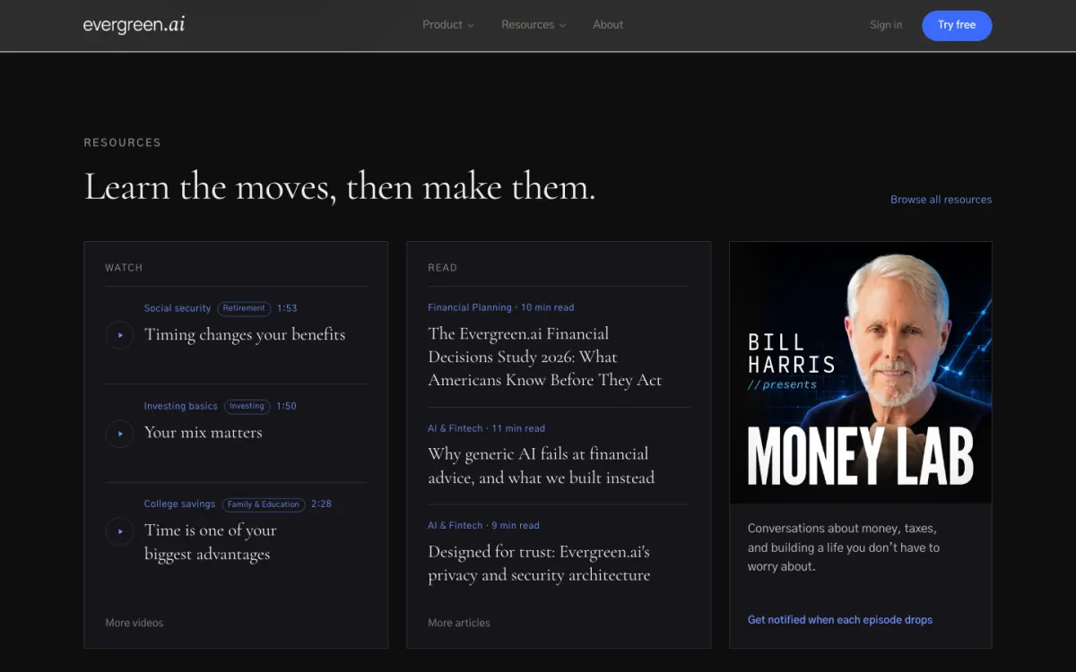 The homepage resources section: Learn the moves, then make them, with library articles and the podcast