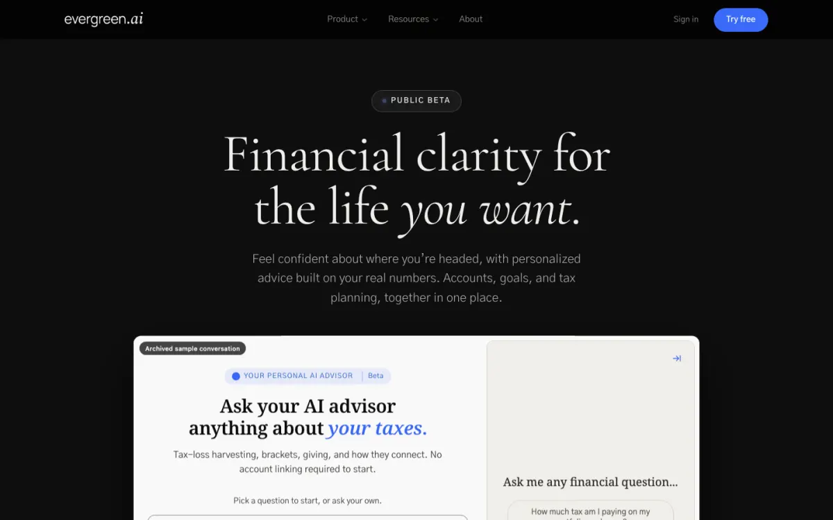 The Evergreen.ai homepage: Financial clarity for the life you want, with the AI advisor embedded in the hero