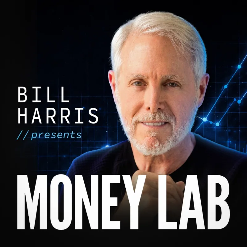 Money Lab show art: the CEO host beside the show title, over a blue market chart
