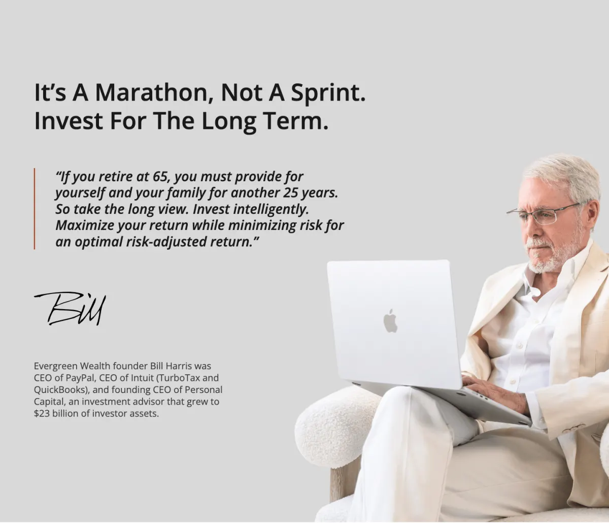 The About page of the relaunched site: the headline It's A Marathon, Not A Sprint. Invest For The Long Term., a quote and short biography from the founder, and his photo with a laptop