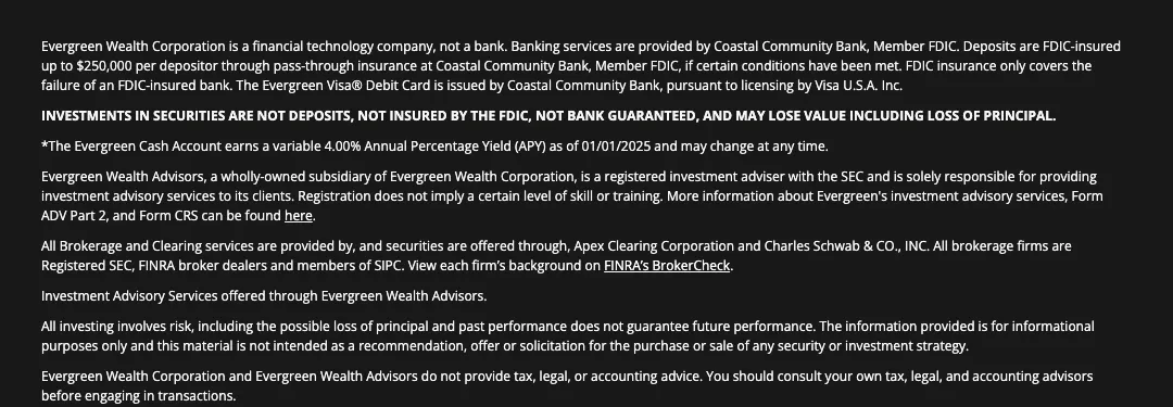 The regulatory disclosures in the launch site's footer, covering banking partners, FDIC and SIPC limits, SEC registration and investment risk