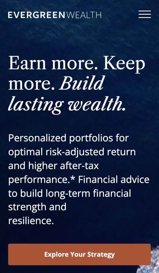The relaunched homepage on a phone: Earn more. Keep more. Build lasting wealth., with an Explore Your Strategy button and the performance footnote