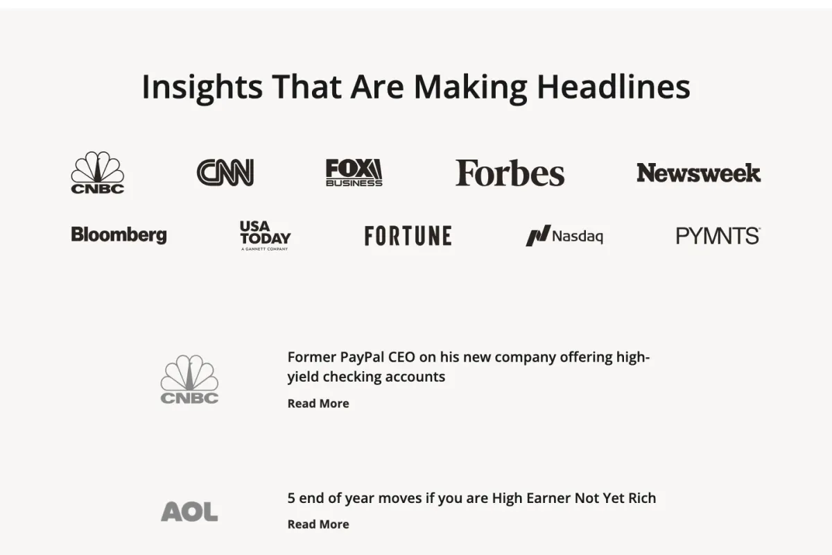The Press and News page of the relaunched site: Insights That Are Making Headlines, with logos for CNBC, CNN, Fox Business, Forbes, Newsweek, Bloomberg, USA Today, Fortune, Nasdaq and PYMNTS above a list of articles